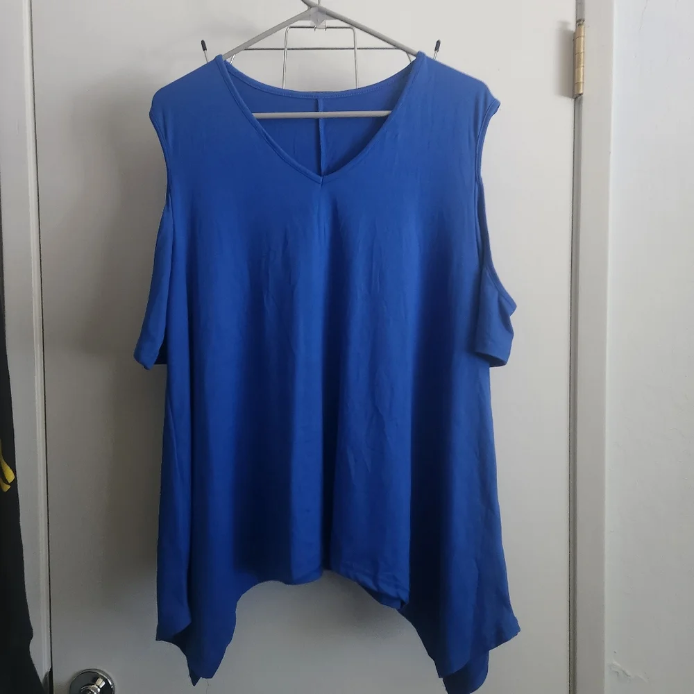Blue V-Neck cold Shoulder  Women's Top